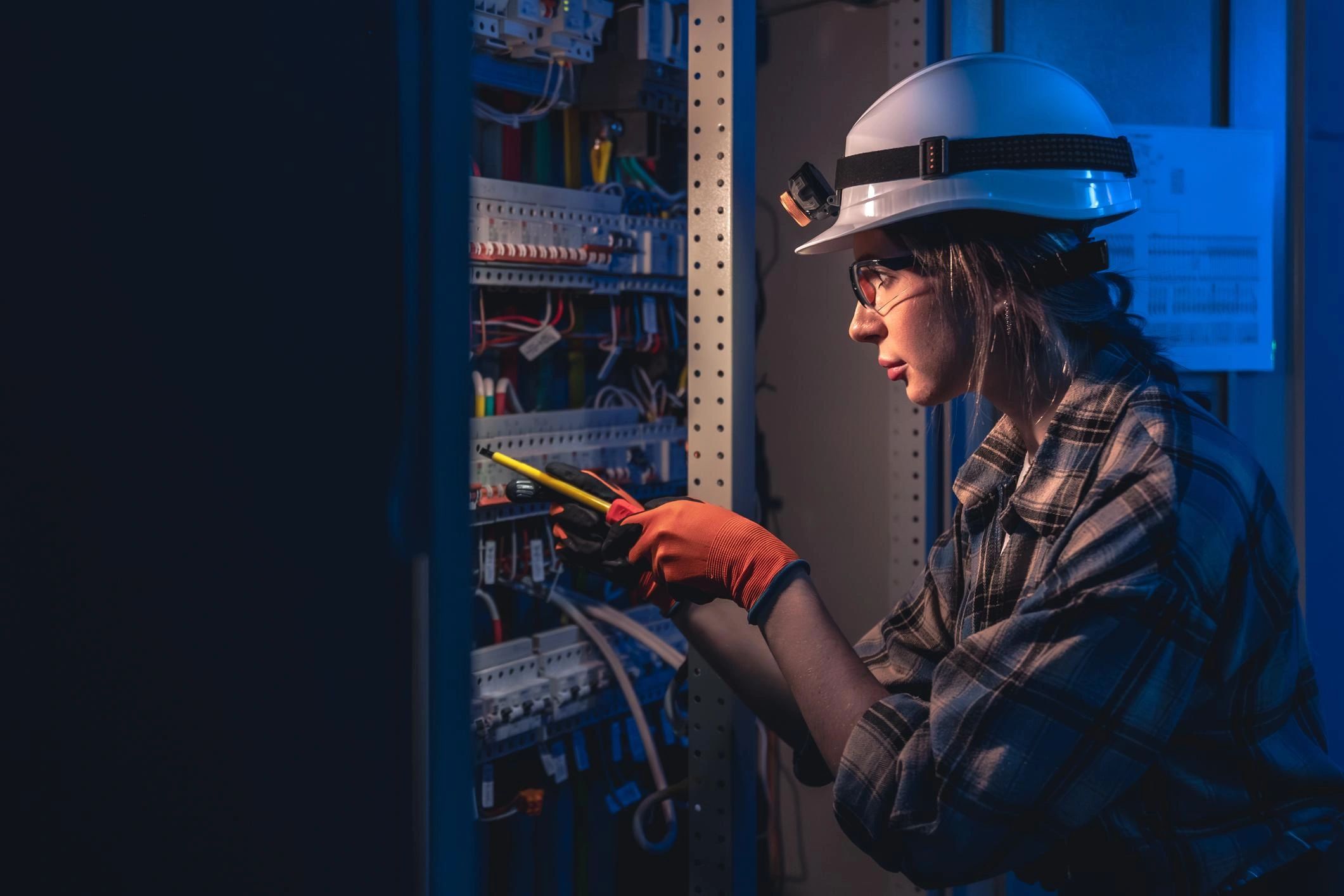 Female electrician inspecting industrial panel